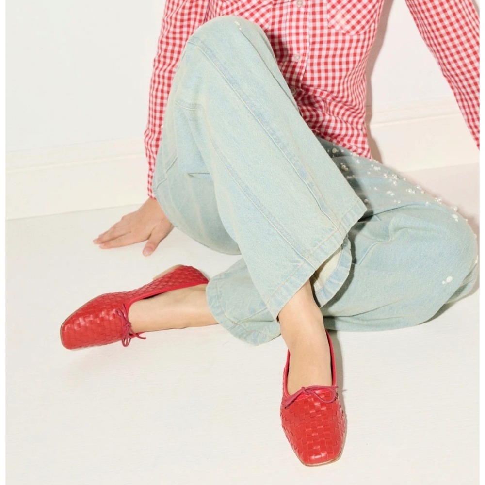 Freda Salvador Jada Red Woven Leather Square Toe Ballet Flats Bow Detail